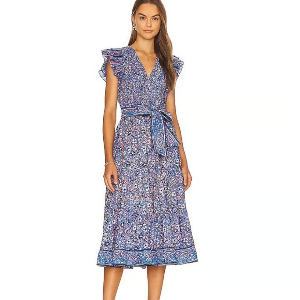 Cleobella‎ Autumn Midi Dress Paisley Print Flutter Sleeve Smocked Blue Small
